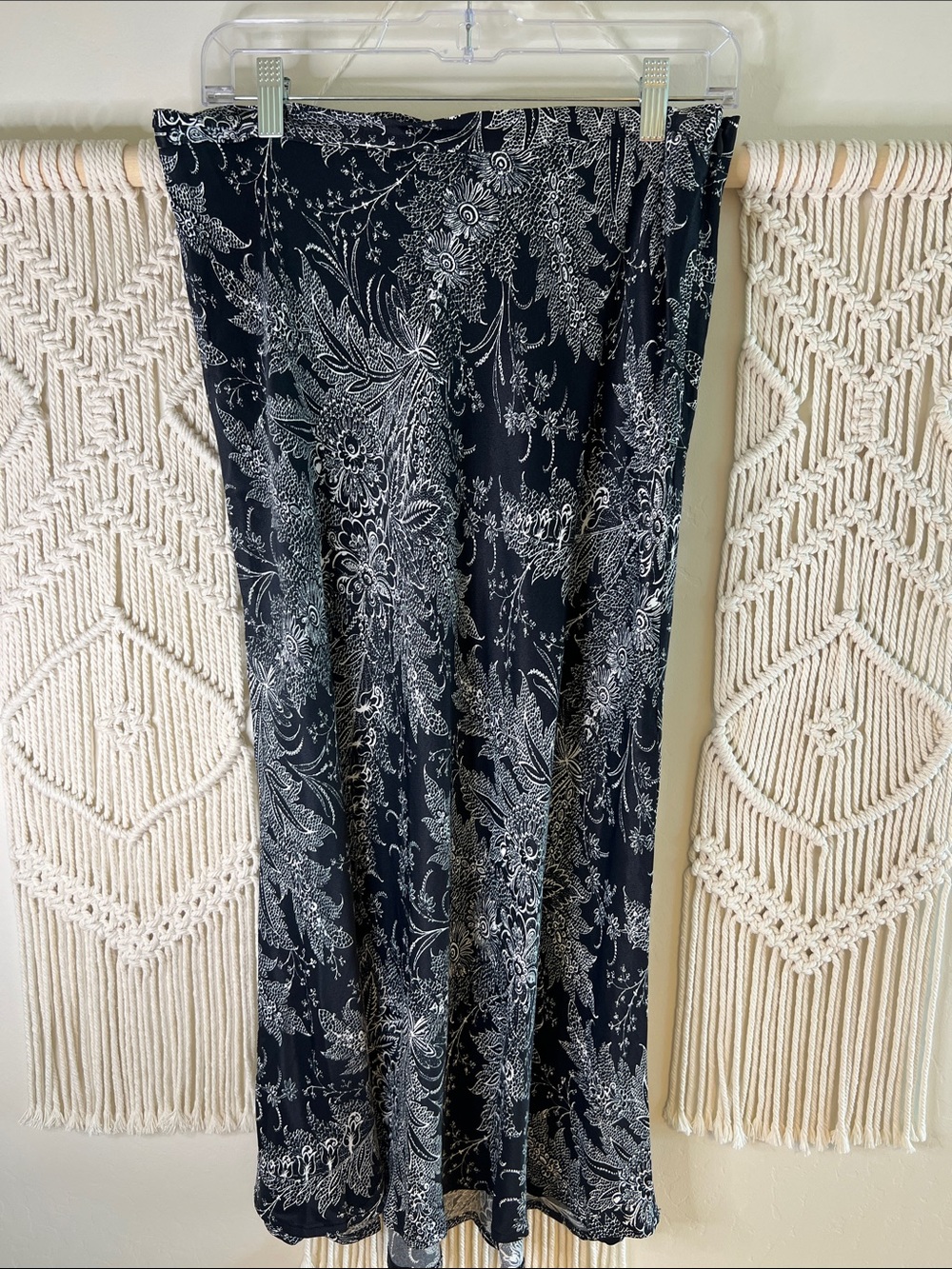 Anthropologie Black Maxi Skirt with White Floral Motif